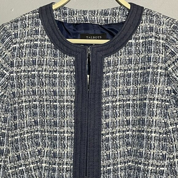 Talbots Tweed Suit Business Jacket Women Size Petite 8P Blue Pocket Grid Modern - Picture 3 of 12